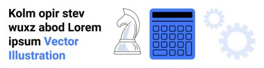 Satranç şövalyesi, mavi hesap makinesi ve zayıf vites simgeleri karar verme, strateji, yenilik, finansal planlama, üretkenlik, teknoloji ve takım çalışmasını vurguluyor. Sunum işi için ideal