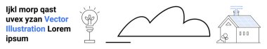 Fikirleri, bulut anahatlarını ve sürdürülebilirliği, yeniliği ve ekolojiyi simgeleyen güneş panelleri olan evi sembolize eden ampul. Teknoloji, enerji, çevre, girişimler için ideal