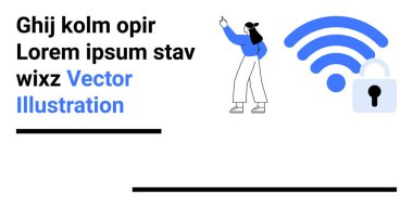 Kablosuz sembolün yanında telefonu tutan kadın ve dijital mahremiyet için asma kilit. Çevrimiçi güvenlik, veri koruması, ağ, internet erişimi, iletişim, siber güvenlik, basit iniş sayfası için ideal