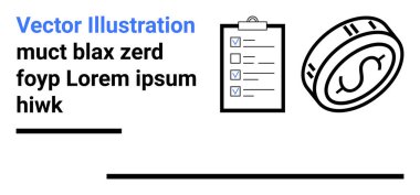 Dolar işaretli sikke ve tamamlanmış görevleri olan kontrol listesi mali planlama, verimlilik, görev yönetimi. İş, finans, hedef belirleme, organizasyon, bütçe ve strateji için idealdir.