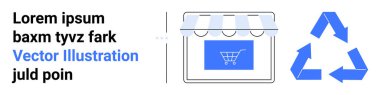 Mağaza simgesi, el arabası sembolü ve geri dönüşüm okları ile e-ticaret arayüzü. Çevrimiçi alışveriş, sürdürülebilirlik, yeşil ticaret, ekolojik bilinç uygulamaları, çevre, perakende sade iniş sayfası için ideal