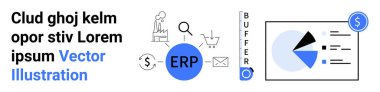ERP sistemi analitik, alışveriş arabası, e-posta ve fabrikanın yanı sıra turta grafiği ve dolar işareti için simgelerle vurgulandı. İş, teknoloji, ekonomi, yönetim işlemleri finansmanı için ideal