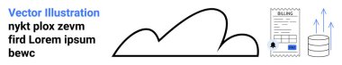 Veritabanı simgesine sahip bulut grafiği, büyümeyi gösteren oklar ve fatura belgesi. Teknoloji, finans, veri depolama, dijital hizmetler, bulut hesaplama, ödeme sistemleri basit iniş sayfası için ideal