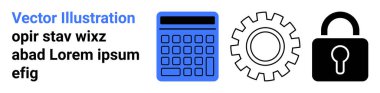 Hesaplayıcı, dişli ve kilit simgeleri soyut tasarım içinde finans, üretkenlik, güvenlik ve işlevsellik temaları ile hizalanır. Teknoloji uygulamaları, fintech, verimlilik araçları için ideal eğitici