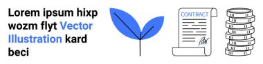 Mavi yaprak, imzalı sözleşme kağıdı ve istiflenmiş paralar çevre dostu iş, yasal anlaşmalar ve finansal büyümeyi temsil ediyor. Sürdürülebilirlik, iş finansmanı, yatırımlar, sözleşmeler için ideal