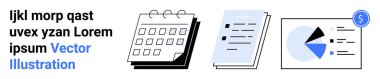 Tarihli takvim, istiflenmiş kağıtlar ve dolar ikonlu pasta grafiği organizasyonu, finans ve planlamayı sembolize ediyor. İş, analitik, üretkenlik, finans verilerinin zamanlaması için ideal
