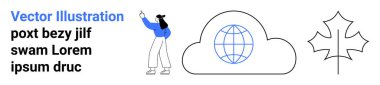 Bir kadının minimalist çizimi, bir akçaağaç yaprağının yanında küre içeren bir bulutu işaret ediyor. Sürdürülebilirlik, teknoloji, doğa, iklim hareketi, küresel bağlantılar, bulut hesaplaması için ideal