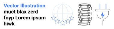Yığılmış madeni paralar, yıldırımlı elektrik prizi, dünya ve yıldızlar sürdürülebilirlik, iş ve küresel enerji temalarını iletir. Finans, ekoloji ve yenilikçi enerji ekonomisi için idealdir.