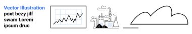 Çizgi grafiği, duman yayan fabrika ve minimalist bulut simgesi. Veri analizi, endüstri, kirlilik, çevre, iklim, sürdürülebilirlik için ideal basit iniş sayfası