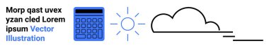 Mavi hesap makinesi, güneş ışınları, dinamik olarak biçimlendirilmiş bulut. Finans, verimlilik, hava durumu, teknoloji, sürdürülebilirlik, eğitim için ideal basit iniş sayfası
