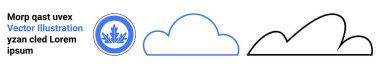 Solunda yaprak motifi bulunan dairesel amblemle siyah ve mavi renkli üç bulut şekli. Doğa, eko markalaşma, bulut hesaplama, sürdürülebilirlik, hava grafikleri, asgari tasarım için ideal