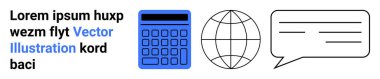 Metnin yanında hesap makinesi, küre ve konuşma balonu. Küresel işbirliği, teknoloji, iletişim, finans, eğitim, dijital araçlar için ideal basit iniş sayfası