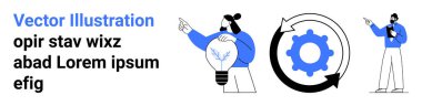 Bir ampul ve pano tutan iki profesyonel, işbirliğini resmediyor, yeniliği sembolize eden dişliler, döngü. Takım çalışması, problem çözme, yaratıcılık, strateji, iş teknolojisi için ideal