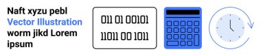 Hesaplamayı gösteren hesap makinesi, dijital veri için ikili kod ve zamanı gösteren saat. Eğitim, teknoloji, programlama, işletme, üretkenlik, veri indirme sayfası için ideal
