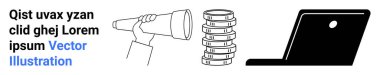 Teleskop kullanan kişi, zenginliği simgeleyen madeni paralar ve teknolojiyi temsil eden dizüstü bilgisayarlar. Finans için ideal, çevrimiçi iş, teknoloji, yatırım, planlama, strateji basit iniş sayfası