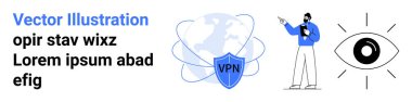 Dünya üzerinde VPN etiketli kalkan, cihaz kullanan kişi, gözetleme gözü sembolü. Siber güvenlik, şifreleme, gizlilik, çevrimiçi güvenlik, dijital koruma, veri güvenliği basit iniş sayfası için ideal