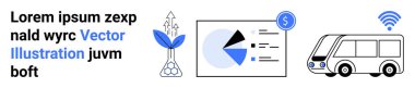 Yapraklar oklarla birleşiyor, pasta grafiği finansal verilerle, otobüs kablosuz. İlerleme, finans, akıllı teknoloji, sürdürülebilirlik, ulaşım, yenilik için ideal basit bir iniş sayfası
