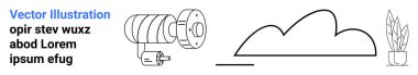 Bir bulut ve bitkinin doğrusal tasarımlarının yanında bir motor bileşenin soyut tasviri. Mühendislik, teknoloji, çevre, mekanik, yenilik, eko-tasarım elementleri ve basit bir iniş için ideal