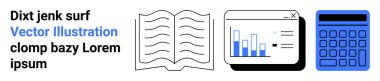 Tarayıcı penceresinde açık kitap, çubuk ve satır grafikleri ve eğitim, veri analizi, araştırma, planlama, finans, üretkenlik ve basit bir iniş sayfasını sembolize eden hesap makinesi