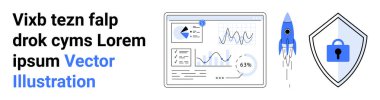 Haritalarla dijital arayüz, büyümeyi sembolize eden roket, kilit ile korunan kalkan. Teknoloji, yenilik, analitik, büyüme, siber güvenlik için ideal online hizmetler. Düz iniş sayfası