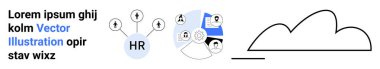 HR bağlantıları, kullanıcı profilleri, dosya paylaşım simgeleri ve bulut resimlemesi. İdeal İK uygulamaları, takım organizasyonu, veri yönetimi, adam toplama, ağ oluşturma basit iniş sayfası