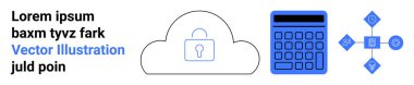 Hesap makinesi ve ağ odaklı sembollerin yanında kilitli bulut simgesi. Veri koruması, siber güvenlik, bulut hesaplama, finans, analitik, dijital çözümler, basit iniş sayfası için ideal