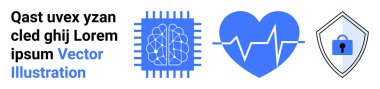 Beyin çipi devresi, EKG çizgileri olan kalp ve kilitli kalkan. Sağlık, teknoloji, yapay zeka, siber güvenlik, yenilik, güvenlik ve dijital dönüşüm için idealdir.