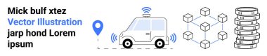Kablosuz sinyalleri, lokasyon iğnesi, blokaj küpleri ve veri depolama diskleri olan otomatik çalışan bir araba. Yapay zeka, otomasyon, IOT, lojistik, engelleme zinciri veri yönetimi için ideal basit iniş sayfası