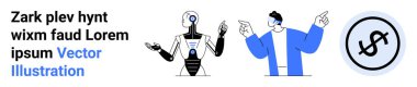 Robotik figür ve fikir alışverişinde bulunan kişi işaretli dolar işareti. AI, işbirliği, yenilik, ekonomi, teknoloji, iş stratejileri için ideal, basit iniş sayfası