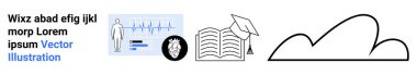 Kardiyogram, kalp, mezuniyet şapkası ve bulut şeklinde açık bir kitap. Sağlık, eğitim, teknoloji, araştırma, e-öğrenim yeniliği için ideal basit bir iniş sayfası