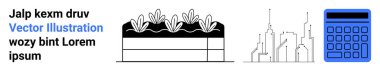 Bitkileri olan yükseltilmiş bir bahçe yatağı, minimum şehir silüeti ve mavi hesap makinesi. Tarım, sürdürülebilirlik, kentsel planlama, finansal ipuçları, eko-yaşam, eğitim ve basit bir iniş sayfası için ideal
