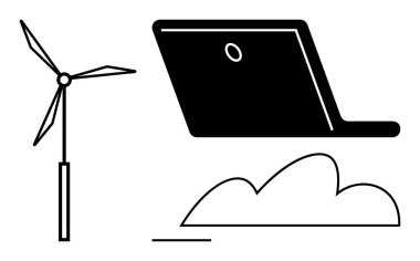 Rüzgar türbini, dizüstü bilgisayar ve bulut sürdürülebilirliği, teknolojiyi ve yenilenebilir enerjiyi vurguluyor. İnovasyon, eko-teknoloji, çevre, yenilenebilir enerji teknolojisi, minimum tasarım için ideal