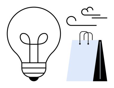 Fikirleri sembolize eden büyük ampul, alışveriş torbası, hareket ve enerji için rüzgar çizgileri. Yaratıcılık, perakende satış, sürdürülebilirlik, eko-ticaret, yenilik geliştirme stratejisi için idealdir. Düz