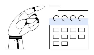 Robotik el, görev planlama, planlama ve son teslim tarihlerini gösteren vurgulanmış detaylarla dolu bir takvime işaret ediyor. Üretkenlik, zaman yönetimi, otomasyon, teknoloji, organizasyon için ideal