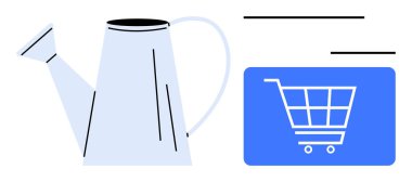 Mavi alışveriş arabasının yanındaki su kovası, hareketi ya da odaklanmayı vurgulayan çizgiler. Bahçıvanlık, e-ticaret, eko-ürün, online alışveriş, sürdürülebilirlik, minimalizm yeşil yaşam tarzı için idealdir. Düz basit