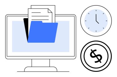Bilgisayar monitörü, içinde saat ve dolar işareti olan bir klasör gösteriyor. Zaman yönetimi, dijital organizasyon, finansman iş akışları, veri depolama, ofis verimliliği için ideal