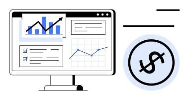 Bilgisayar monitörü analitiği çubuk grafik, satır şeması, kontrol listesi ve metin ile gösteriyor. Dolar işareti finansı sembolize eder. İş, büyüme stratejisi, analitik ve finans planlama için ideal