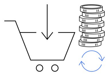 Aşağı doğru ok olan alışveriş arabası, ödemeyi sembolize eden madeni paralar ve yinelenen döngüler için dairesel oklar. Çevrimiçi alışveriş, e-ticaret, ödeme işlemleri, abonelik hizmetleri için ideal