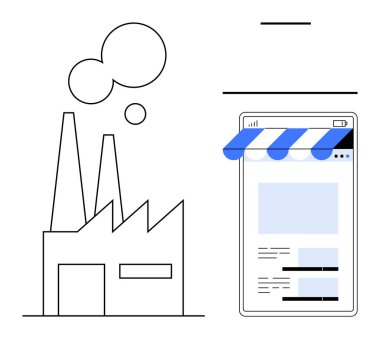 Fabrika, çevrimiçi endüstriyel üretimi temsil eden mavi çizgili tenteli dijital bir mağazanın yanında soyut duman yayıyor. E-ticaret, tedarik zinciri, teknolojik yenilik ve lojistik için ideal