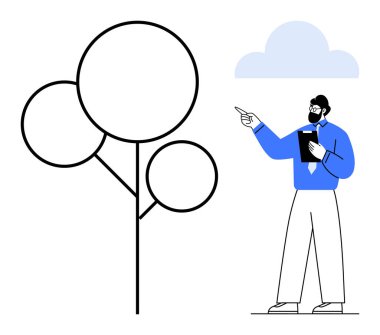 Minimalist bulutların altında panoyu tutarken soyut ağacı gösteren profesyonel bir figür. Eğitim, organizasyon, bilim, takım çalışması, yenilik, analiz, strateji için idealdir