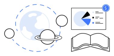 Yörünge çizgileri ve uyduları olan gezegen, Satürn simgesi, para balonlu pasta grafiği, açık kitap. Eğitim, finans, araştırma, keşif veri analizi bilim okuma kavramları için idealdir. Düz