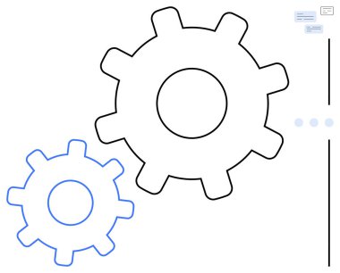 İki büyük dişli, biri siyah diğeri mavi. Yanında da mesaj simgeleri var. Takım çalışması, mekanik, strateji, yenilik, işbirliği süreci verimliliği ve iletişimi temsil ediyor. Düz basit