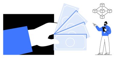 Bir iş adamının yanında, elinde bir blok zinciri şeması olan bir el uzatmak. Finans, ticaret, engelleme zinciri, işlemler, ödemeler, yatırım ve dijital ekonomi için ideal. Düz basit metafor