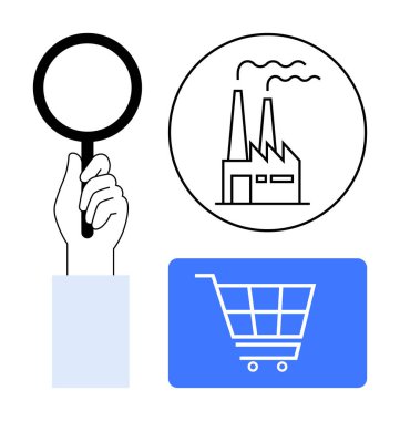 El ele tutuşan büyüteç, endüstri için fabrika, e-ticaret için mavi alışveriş arabası. Analiz, endüstri, ekonomi, tedarik zinciri, ticaret perakende yeniliği için ideal. En düşük düz