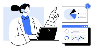 Kulaklık takan bir kadın analitik çizelgelere işaret ederken dizüstü bilgisayarda çalışıyor. İş için ideal, müşteri hizmetleri, uzaktan çalışma, veri analizi, teknoloji, iletişim, düz basit metafor