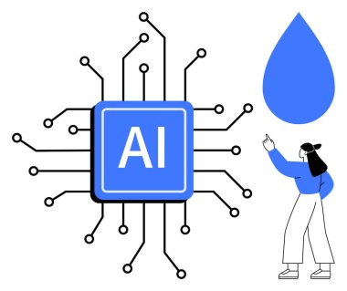 Devrelerle çevrili yapay zeka çipi, büyük mavi damlayı gösteren kadın. Teknoloji, yenilik, yapay zeka, yaratıcılık, dijital dönüşüm, sürdürülebilirlik, insan etkileşimi için ideal
