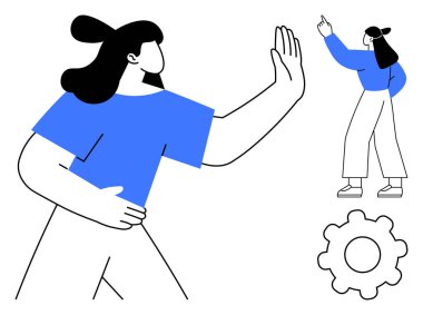 Kadın sınırları belirlemek için elini kaldırıyor, daha küçük bir jest figürü yukarıyı işaret ediyor, dişli sembolü aşağıda. İletişim için ideal, sınırlar, takım çalışması, kişisel alan, reddedilme, liderlik düzlüğü