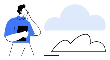 Bulut grafiklerinin önünde incelerken ve düşünürken bir not defteri tutan kişi. Beyin fırtınası, bulut teknolojisi, karar verme, iş stratejisi, yenilik, planlama, takım çalışması için ideal