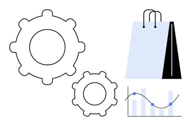 Birbirine bağlı iki vites, bir alışveriş çantası ve e-ticareti, işlem optimizasyonunu ve analitiği sembolize eden bir çizgi grafiği. Teknoloji, perakende, veri, stratejik büyüme ticareti için ideal