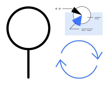 Büyüteç, analitik görsellerle soyut diyagram ve dairesel oklar araştırma, analiz ve döngüsel süreçleri ima eder. Veri, strateji, arama inovasyon eğitimi iş akışı için idealdir. Düz
